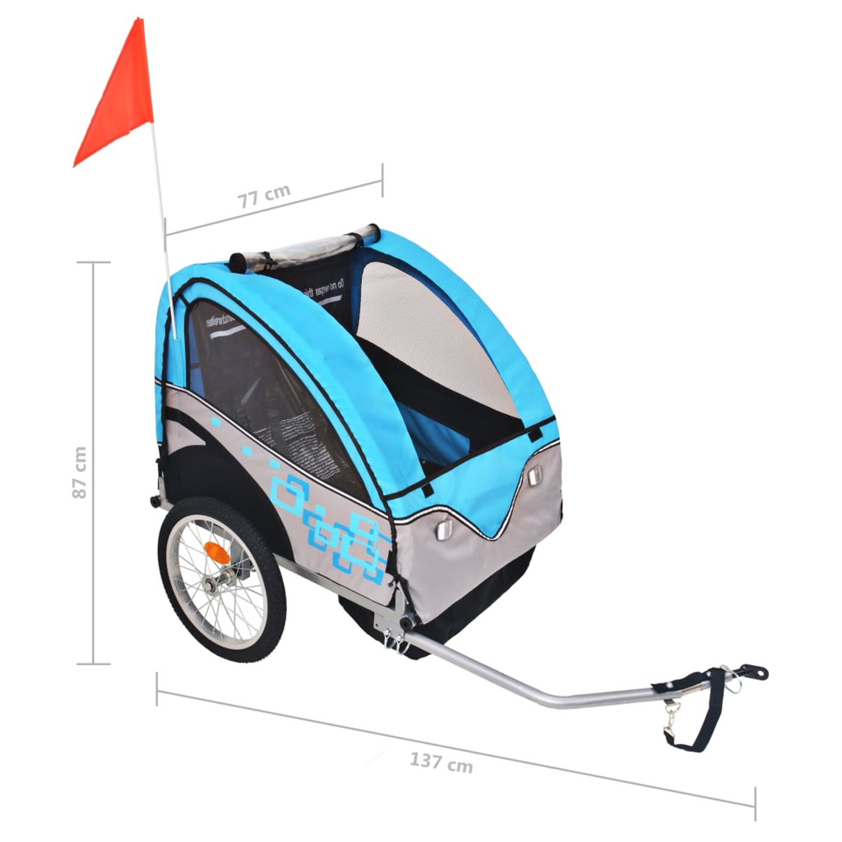 Ein blau-grauer Kinderfahrradanhänger mit roter Fahne. Der Anhänger hat Räder und eine Anhängerkupplung. Maße sind angegeben.