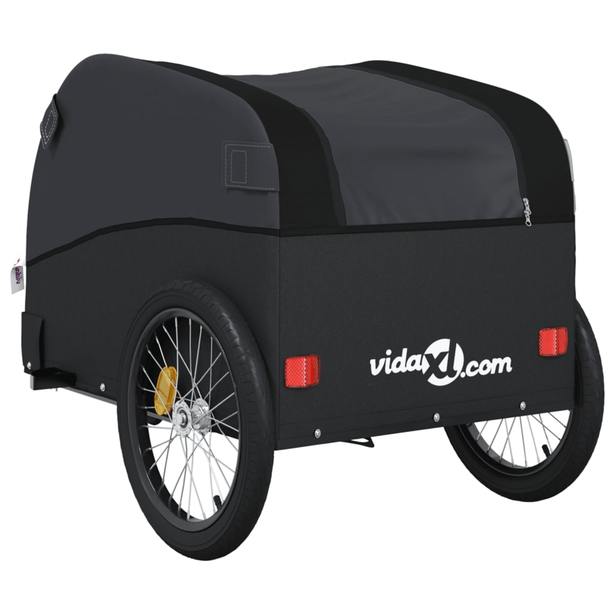 Ein schwarzer Fahrradanhänger mit zwei Rädern, Stoffverdeck und vidaXL.com-Logo. Mit Reflektoren und Reißverschluss.