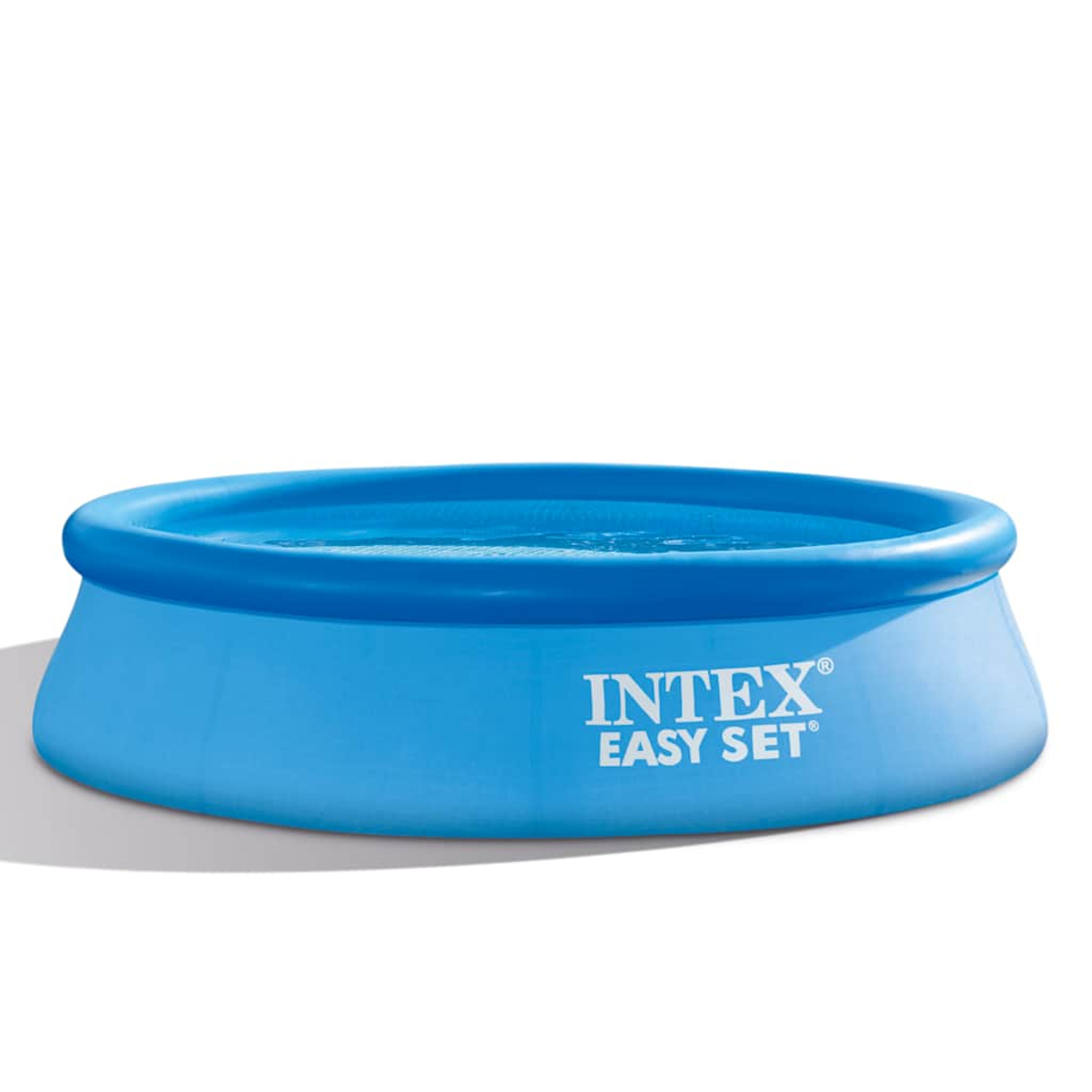 Se muestra una piscina azul Intex Easy Set llena de agua. La piscina es circular, con la marca visible en el lateral. Fondo blanco.
