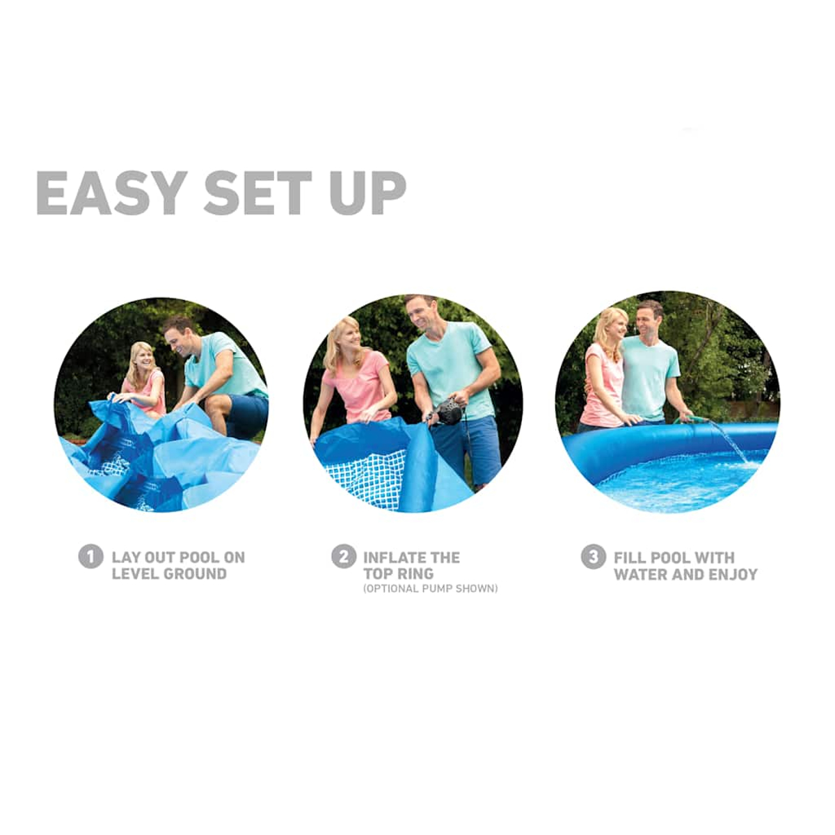 Instrucciones para montar una piscina. Paso 1, extender la piscina. Paso 2, inflar el anillo superior. Paso 3, llenar con agua.