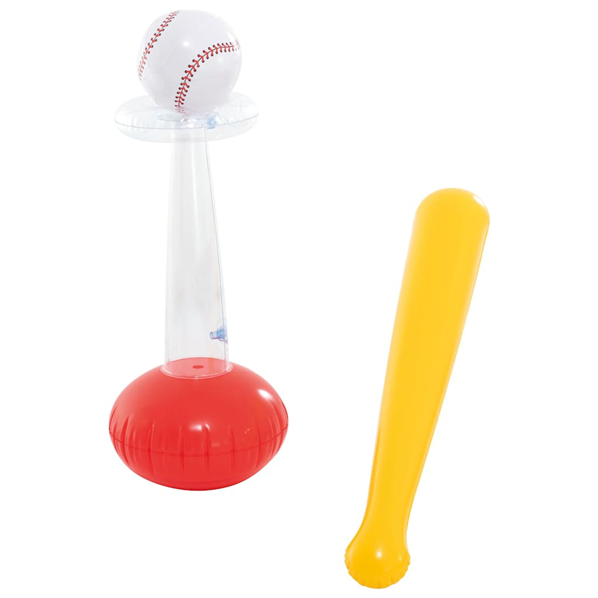 Set da baseball gonfiabile: palla da baseball su supporto, base rossa, stelo trasparente e mazza gialla su sfondo bianco.