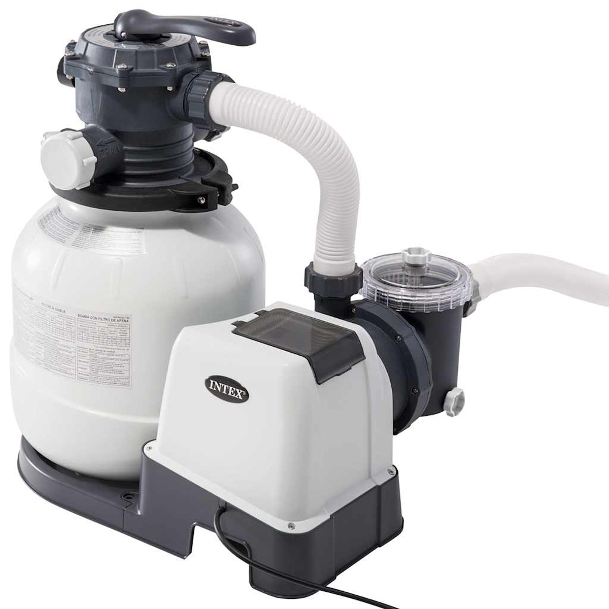 Eine weiß-graue Intex Sandfilterpumpe. Filter, Pumpe und Schläuche sind verbunden. Oben befindet sich ein schwarzer Griff.