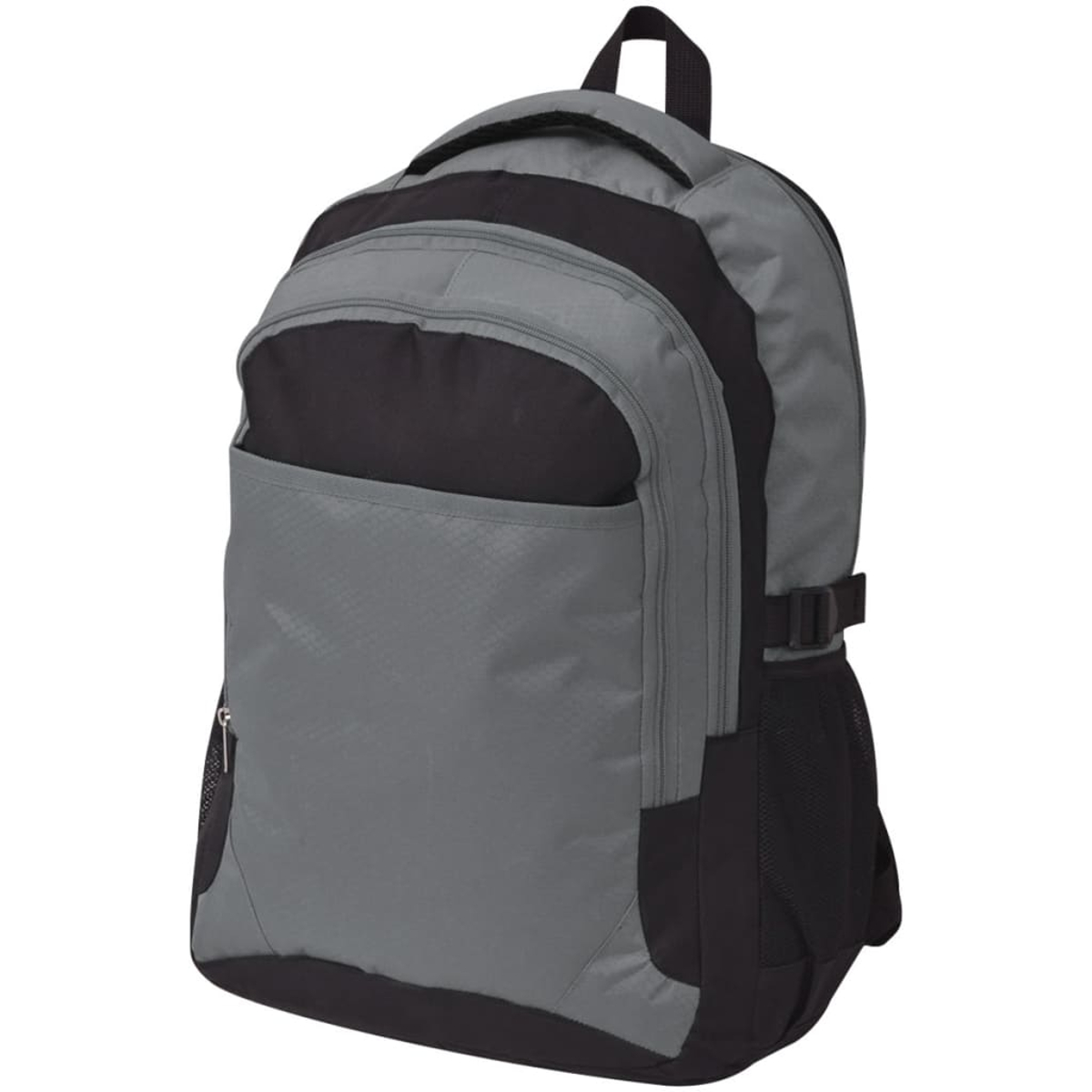 Grauer und schwarzer Rucksack. Hauptfach mit Reißverschluss, Vordertasche, seitliche Netztasche und verstellbare Träger. Griff oben.