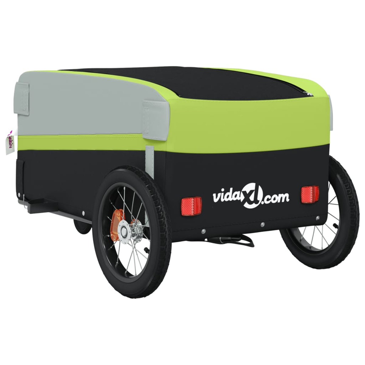 Ein schwarzer, grüner und grauer Fahrradanhänger mit zwei Rädern. Er hat ein Logo von vidaXL.com. Enthält Reflektoren und einen Reißverschluss.