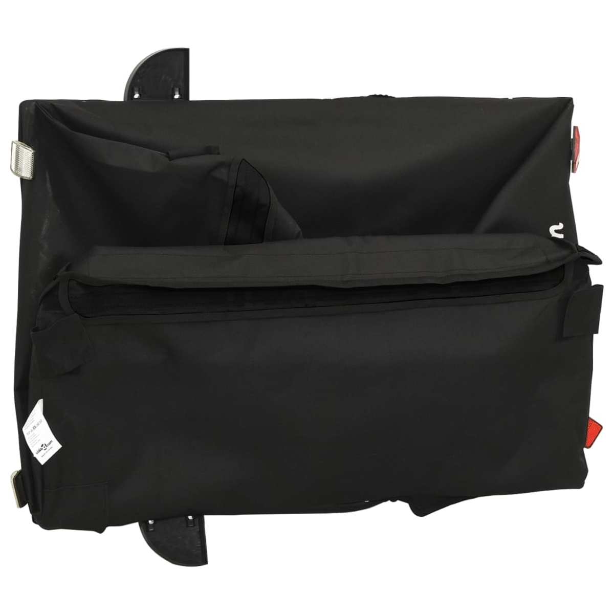 Schwarze Stofftasche mit mehreren Fächern und Klappen. Metall- und Kunststoffteile sind am Rahmen der Tasche befestigt.