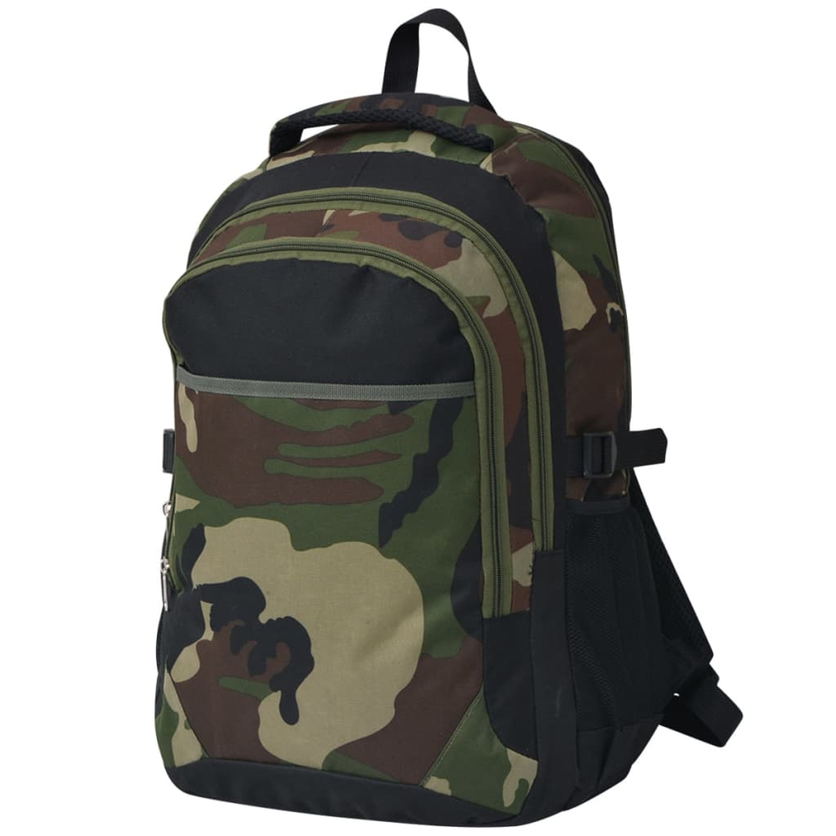Ein Tarnrucksack. Schwarze Ober- und Unterseite mit Camouflage-Muster in der Mitte. Mit Griff und verstellbaren Trägern.