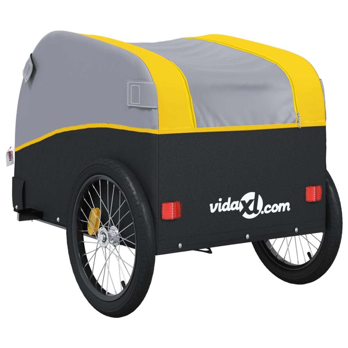 Ein schwarzer und grauer Fahrradanhänger mit gelben Akzenten. Er hat zwei Räder, Rücklichter und das Logo 'vidaXL.com'.