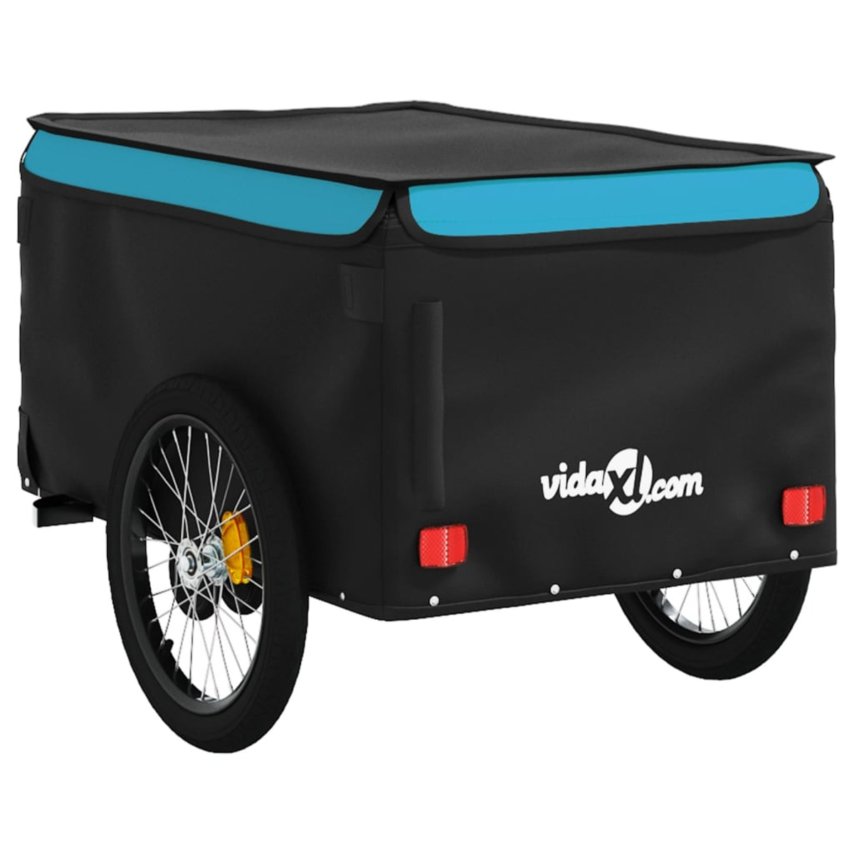 Schwarzer Fahrradanhänger mit blauen Akzenten, zwei Rädern und vidaXL.com-Logo.