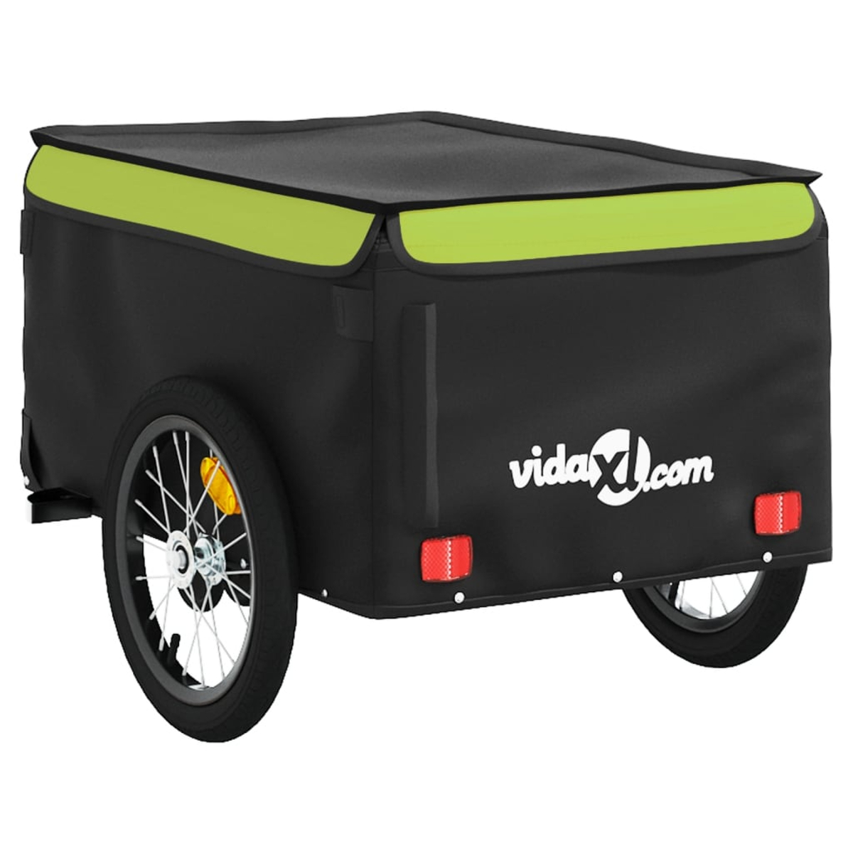 Schwarzer Fahrradanhänger mit grüner Verkleidung und schwarzem Verdeck. Er hat zwei Räder, das Logo 'vidaXL.com' und rote Reflektoren.