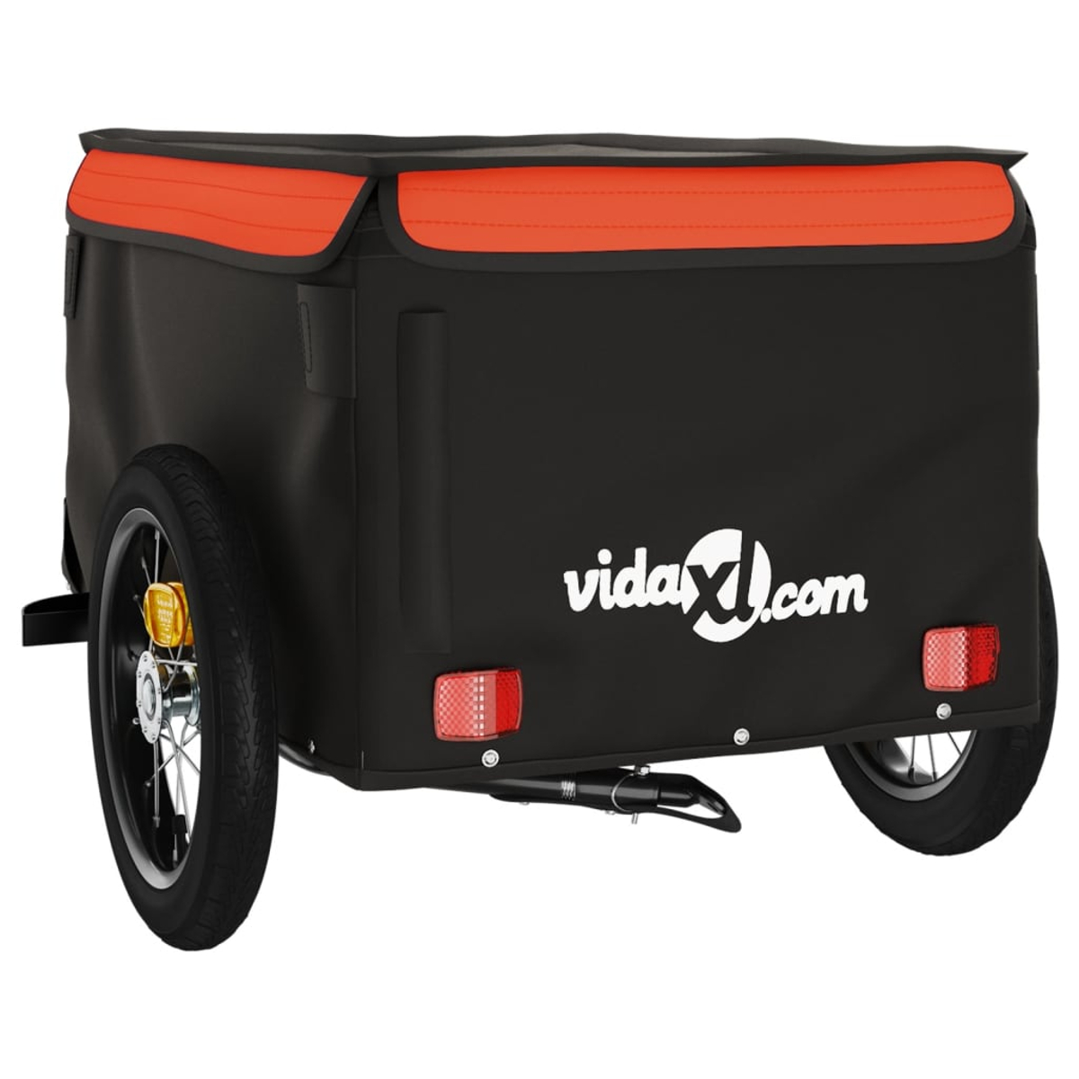 Schwarzer Fahrradanhänger mit orangefarbenem Oberteil. Er hat Räder, ein Logo und rote Reflektoren. Der Markenname 'vidaXL.com' ist sichtbar.