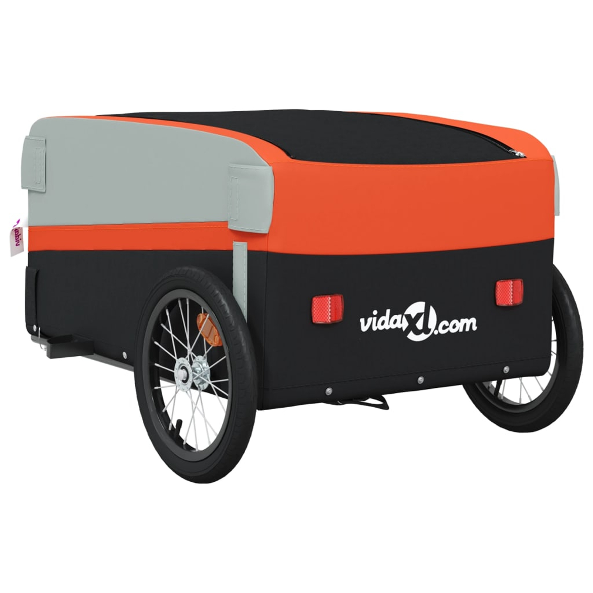 Ein schwarzer, orangefarbener und grauer Fahrradanhänger mit Rädern und Reflektoren. Das Logo 'vidaXL.com' befindet sich auf der Rückseite.