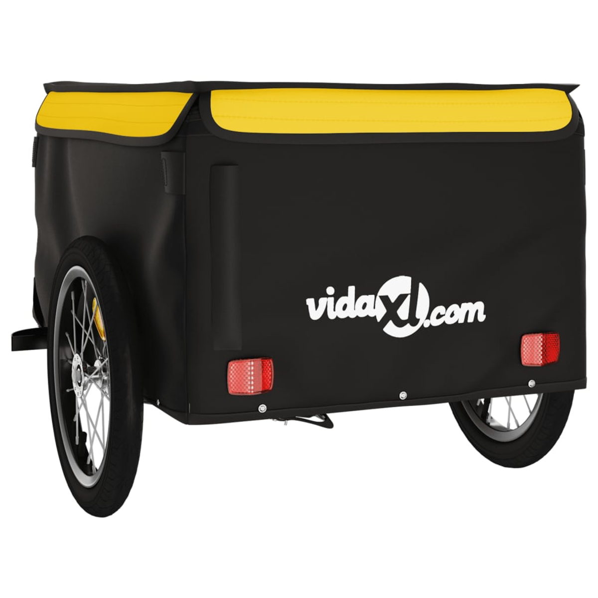 Ein schwarzer Fahrradanhänger mit gelbem Dach, zwei Rädern und roten Reflektoren. Das Logo vidaXL.com ist sichtbar.