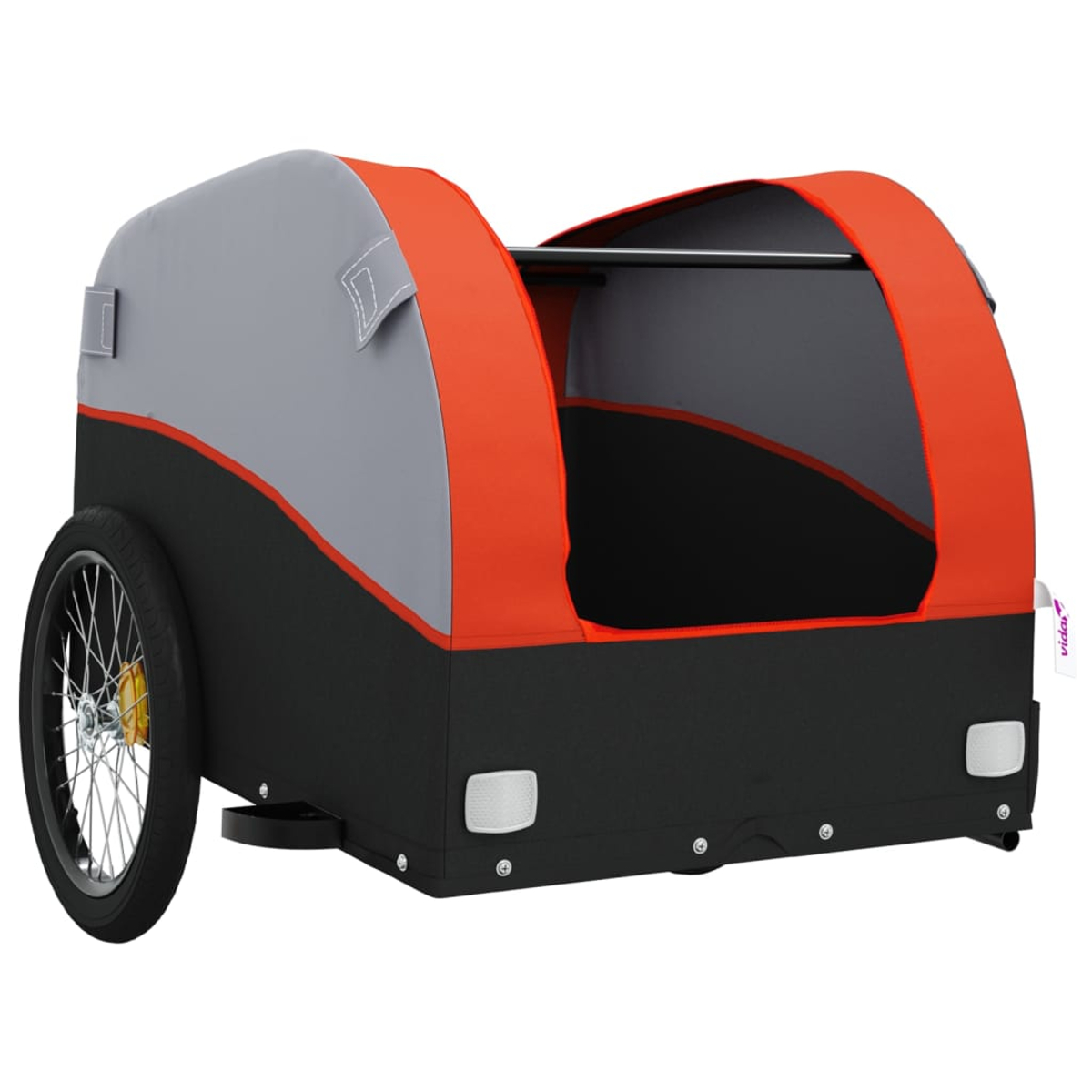 Ein Kinderfahrradanhänger. Es hat ein Grau-, Schwarz- und Orangemuster. Es hat ein Rad und ein Fach für ein Kind.