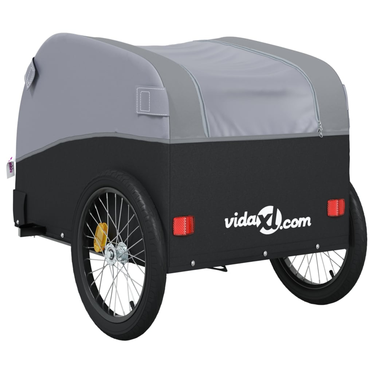 Ein schwarz-grauer Fahrradanhänger mit zwei Rädern, bedeckt mit einem grauen Verdeck. Der Anhänger hat ein vidaXL.com-Logo.