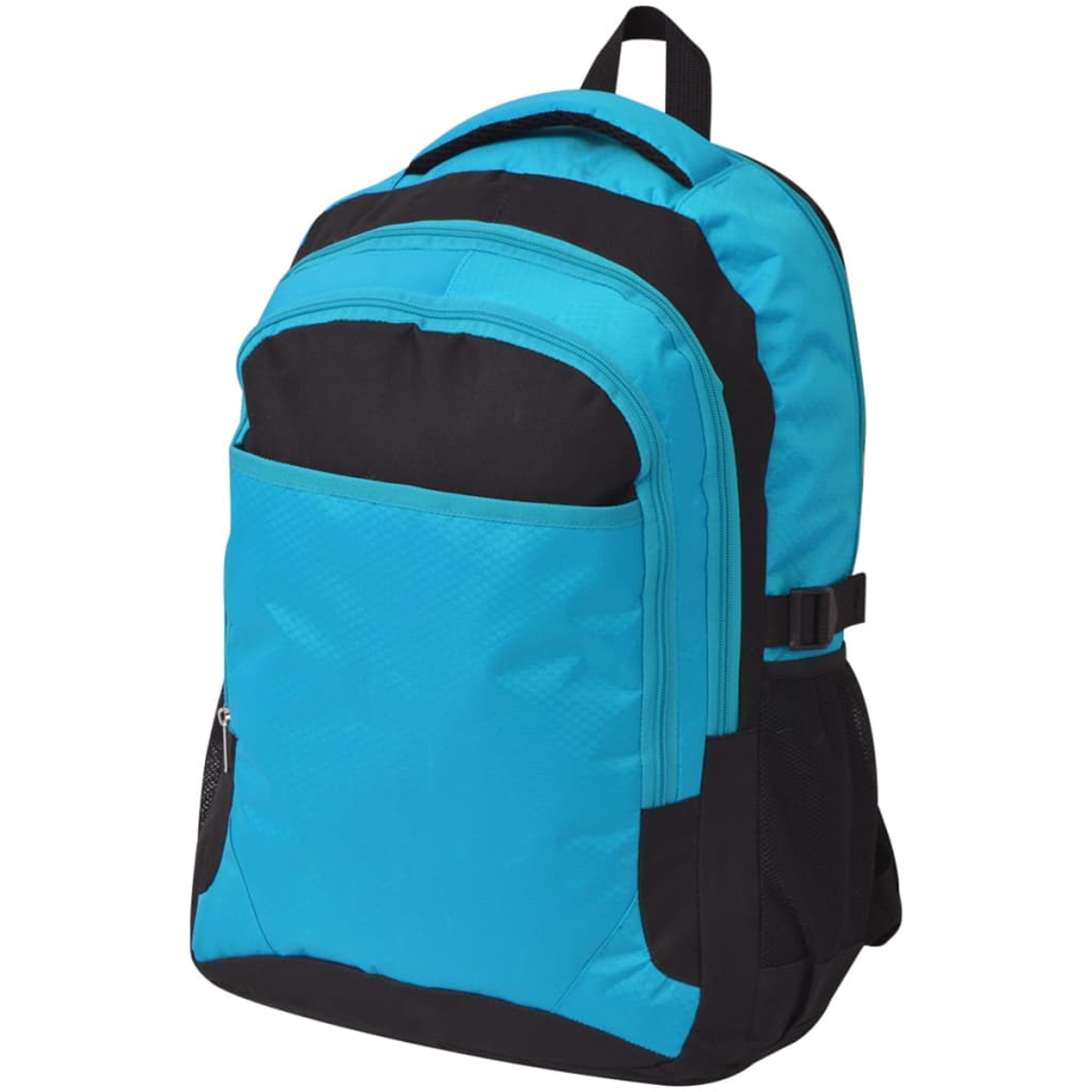 Ein Rucksack mit blauer und schwarzer Farbe. Er hat eine Vordertasche, Seitentaschen und einen Griff oben. Der Hintergrund ist weiß.