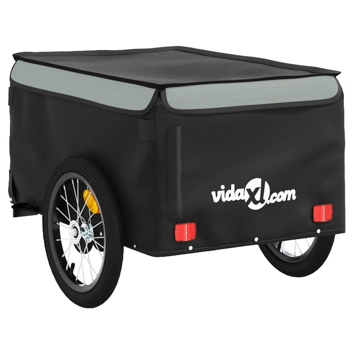 Schwarzer Fahrradanhänger mit grauen Akzenten. Er hat zwei Räder, eine Abdeckung und das Logo "vidaXL.com".