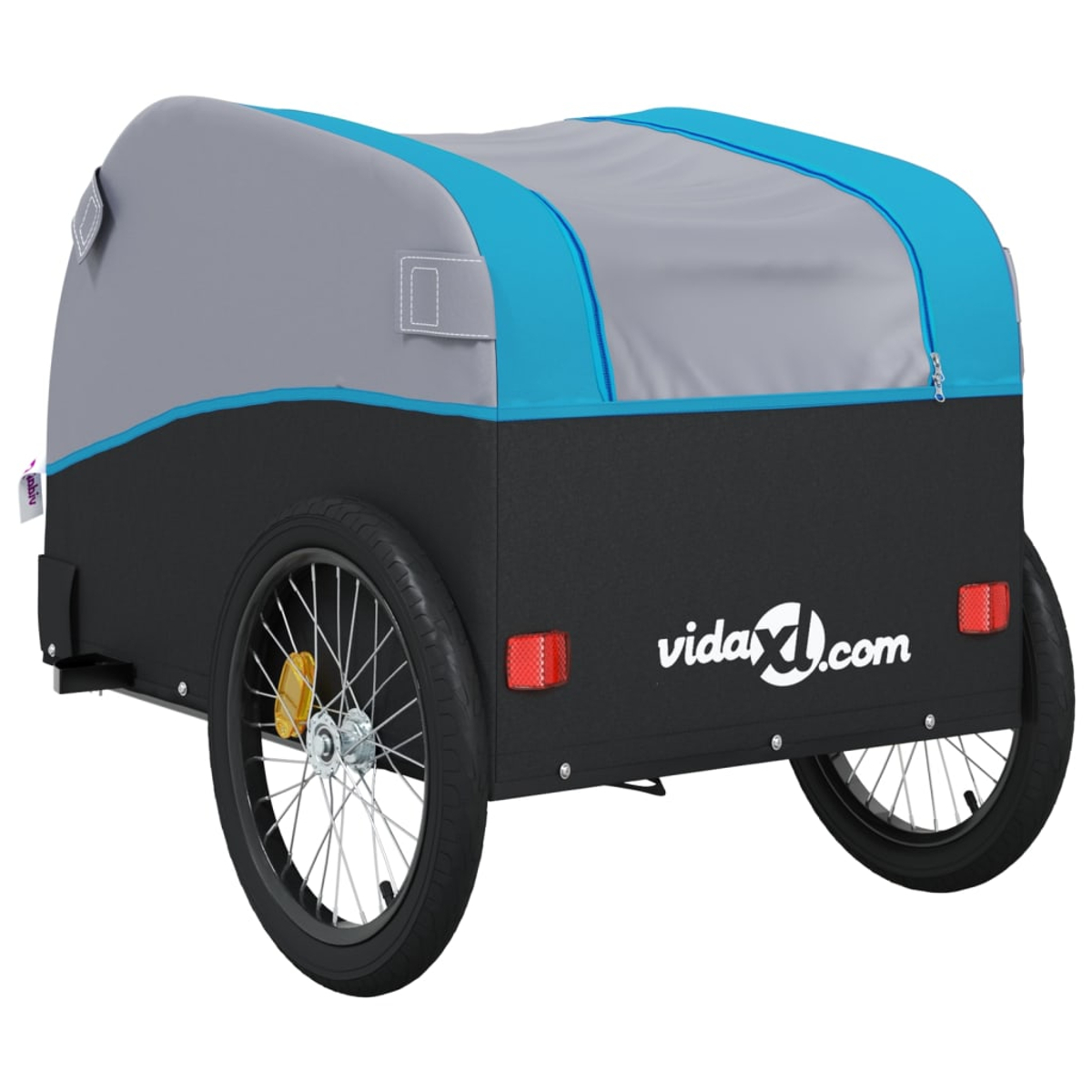 Ein Kinderfahrradanhänger, graues und blaues Verdeck, schwarzer Körper. Die Räder haben schwarze Reifen und silberne Speichen. Der Markenname 'vidaXL.com' ist sichtbar.