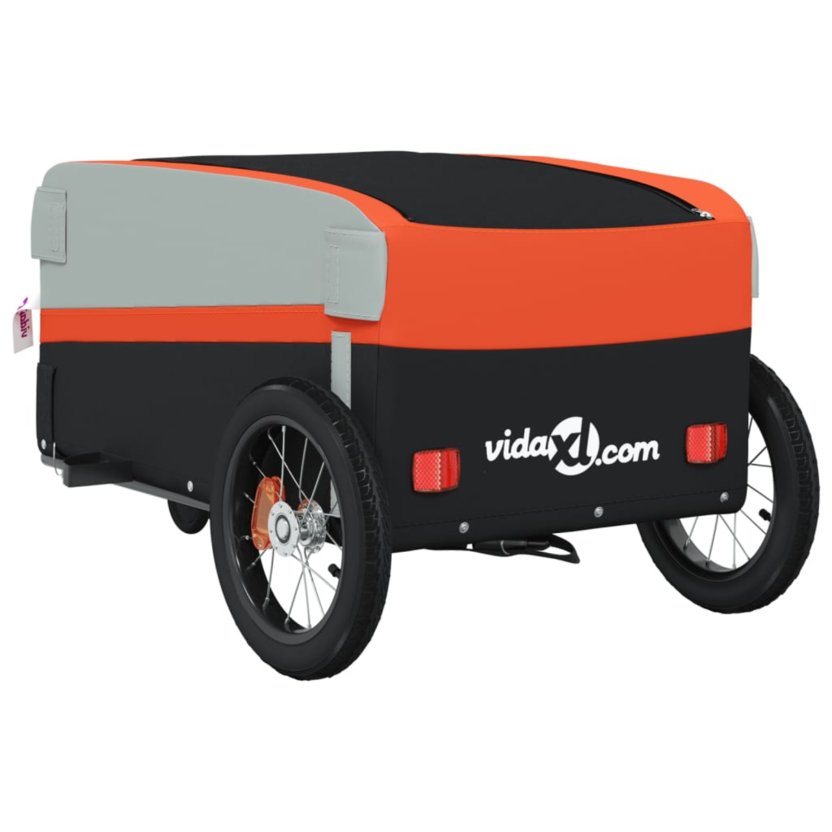Ein Fahrradanhänger mit schwarzen Rädern und einer Ladefläche. Der Anhänger hat orange, graue und schwarze Paneele. Die Website vidaxl.com ist aufgedruckt.