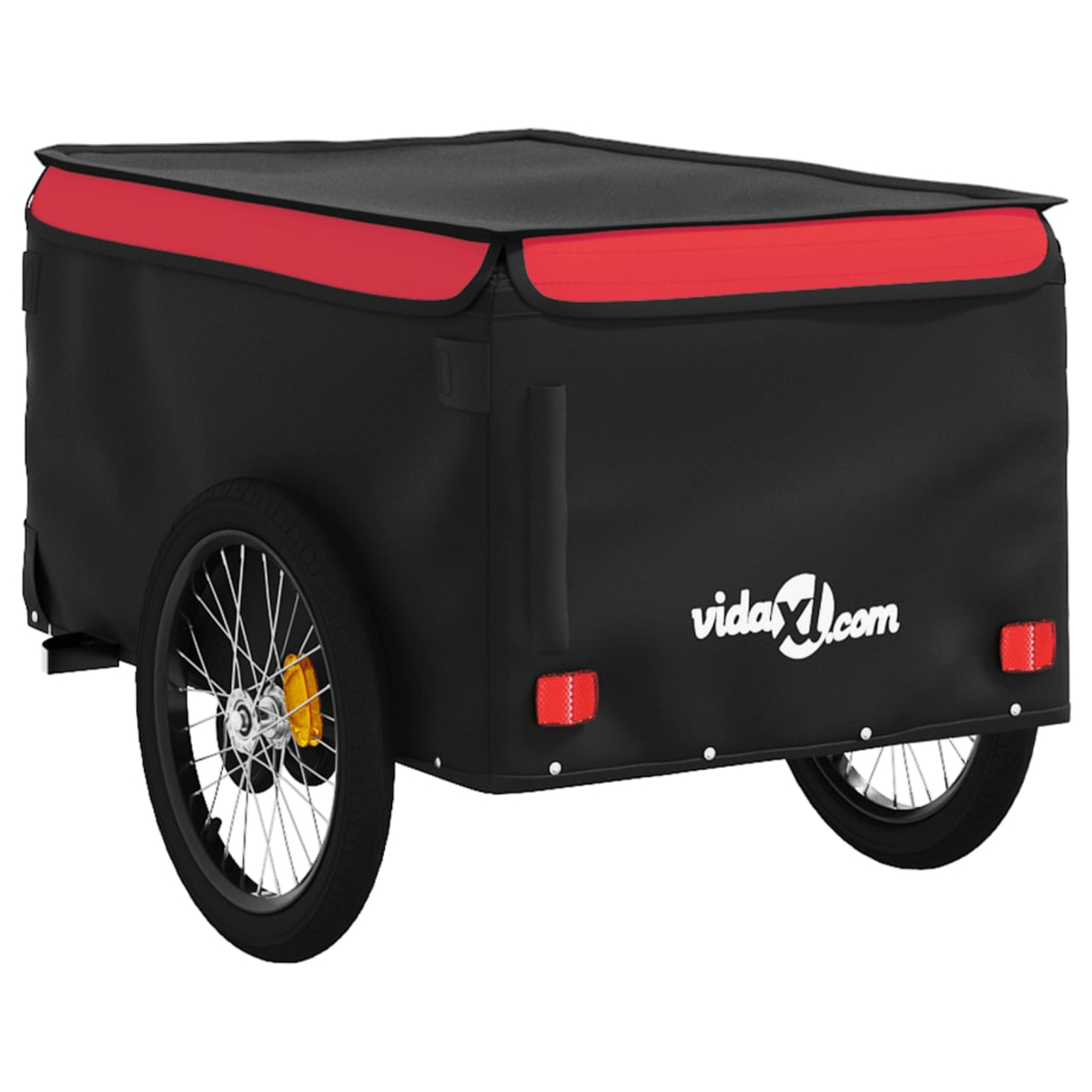 Ein schwarzer Fahrradanhänger mit roter Verkleidung. Er hat zwei Räder mit Speichen und eine schwarze Abdeckung mit dem vidaXL-Logo.