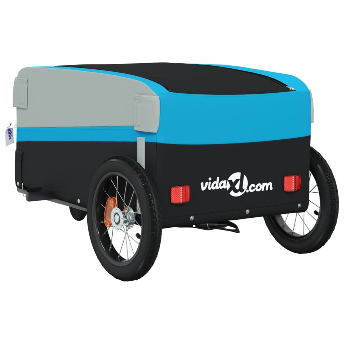 Ein blauer, schwarzer und grauer Fahrradanhänger mit zwei Rädern und dem Logo von vidaXL.com. Er hat zwei rote Rückstrahler.