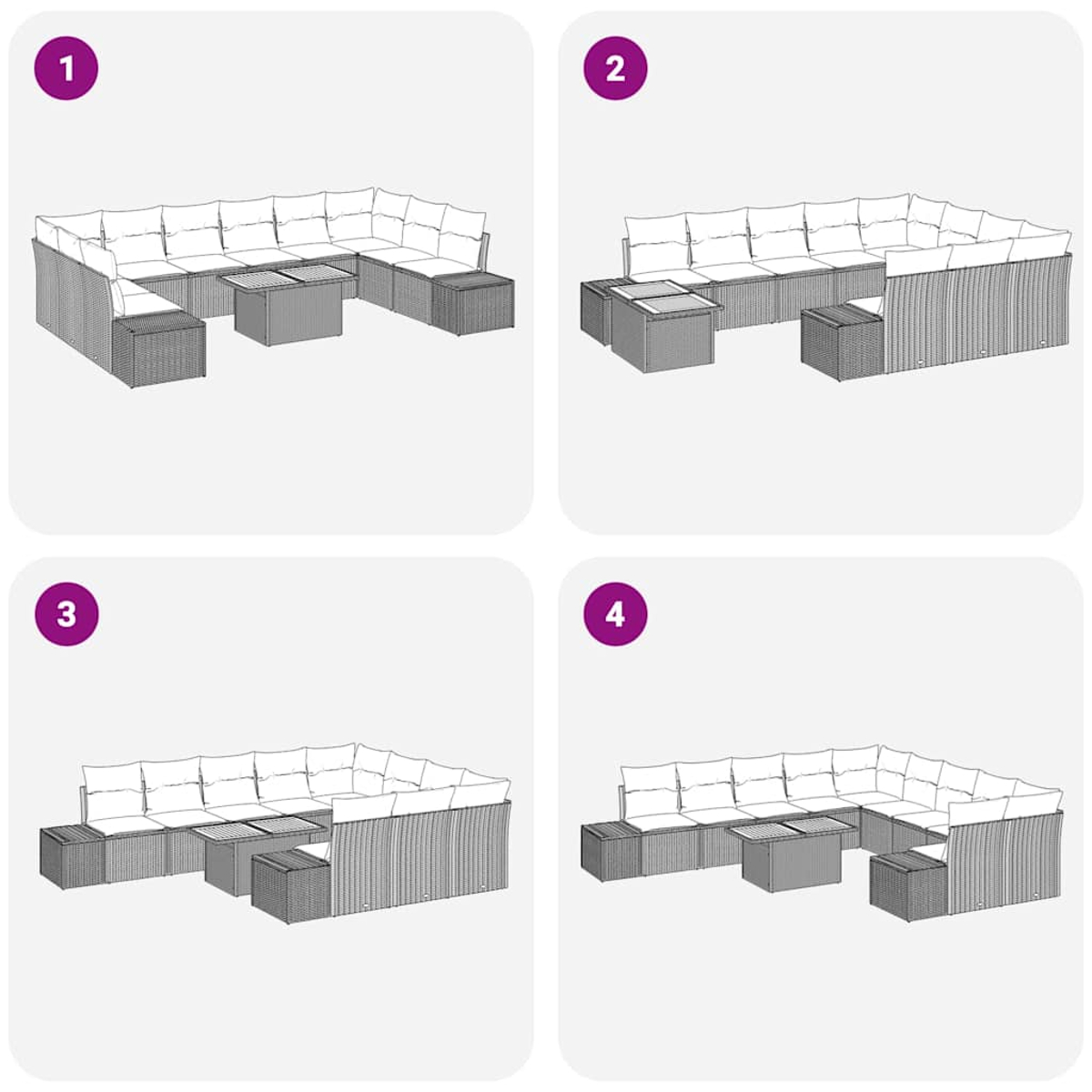 Vier Bilder zeigen Variationen eines Ecksofas mit Kissen und einem Couchtisch. Jede Konfiguration hat unterschiedliche Ausrichtungen.