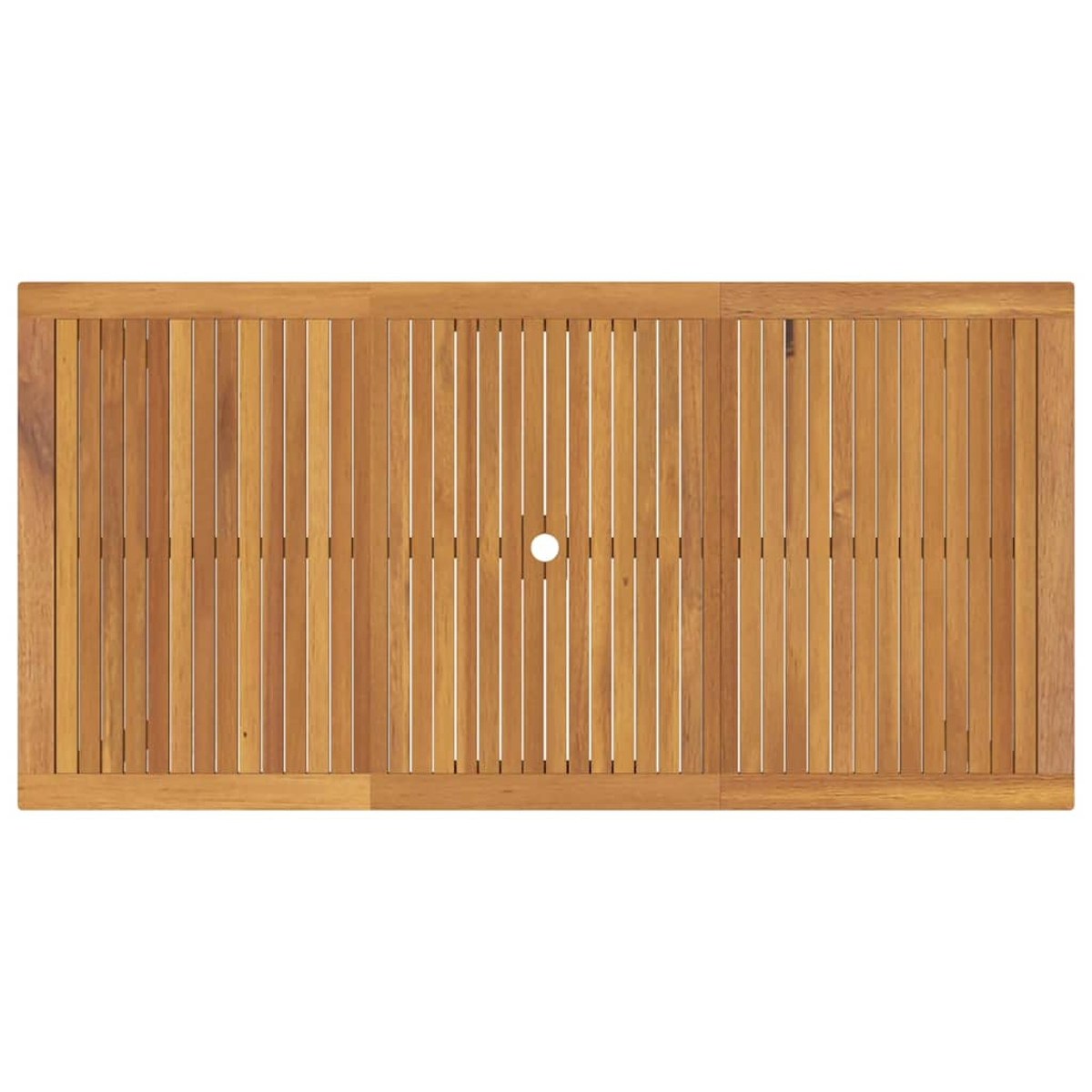 Rechteckige Tischplatte aus Holz. Braune Lamellen mit Loch in der Mitte. Der Außenrahmen ist ebenfalls braun.