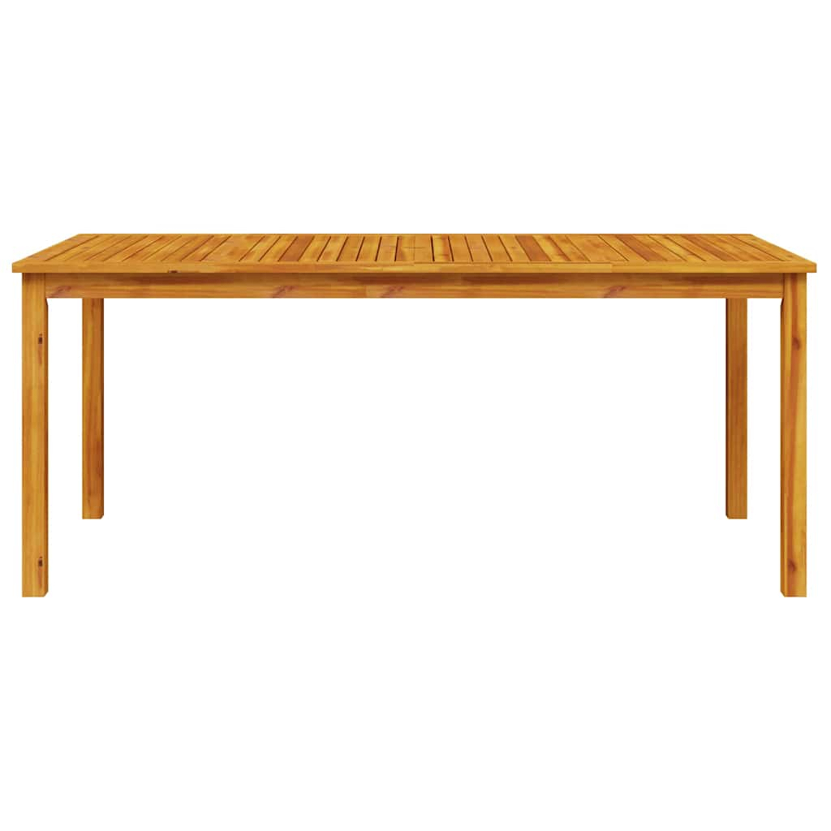 Ein rechteckiger Holztisch. Die Tischplatte hat schmale Lamellen. Vier Beine stützen den Tisch.
