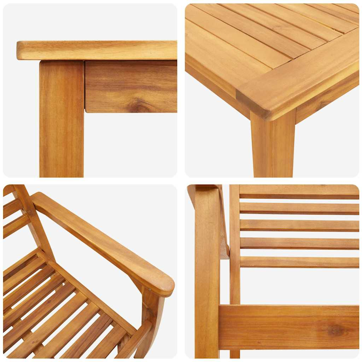 Nahaufnahmen von Holzmöbeln. Enthält Tisch-, Stuhlarmlehnen- und Rückenlehnendetails. Das Holz ist hellbraun mit sichtbarer Maserung.