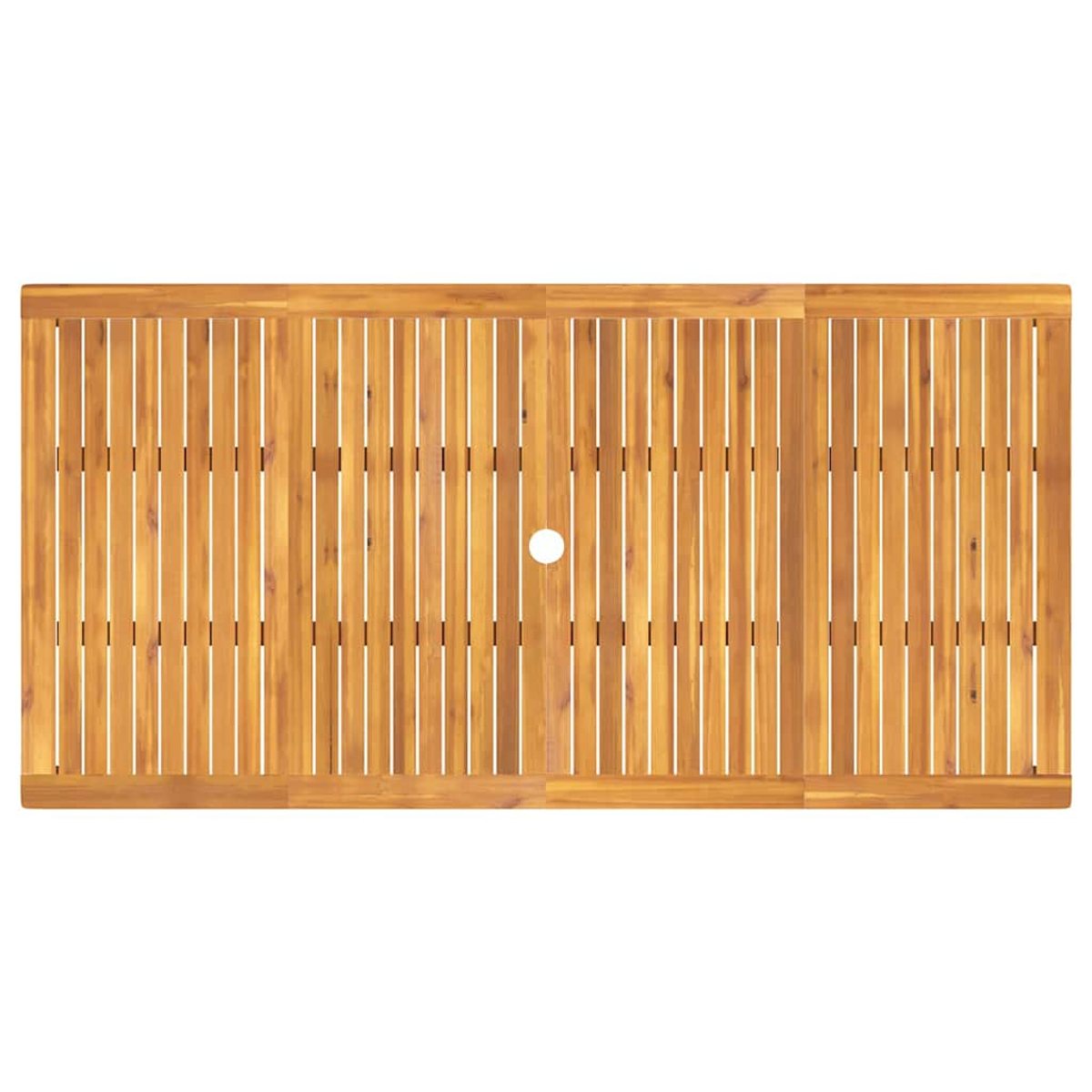 Vista superior de una mesa rectangular de madera. Tiene listones de madera verticales, un agujero redondo en el centro y un borde.