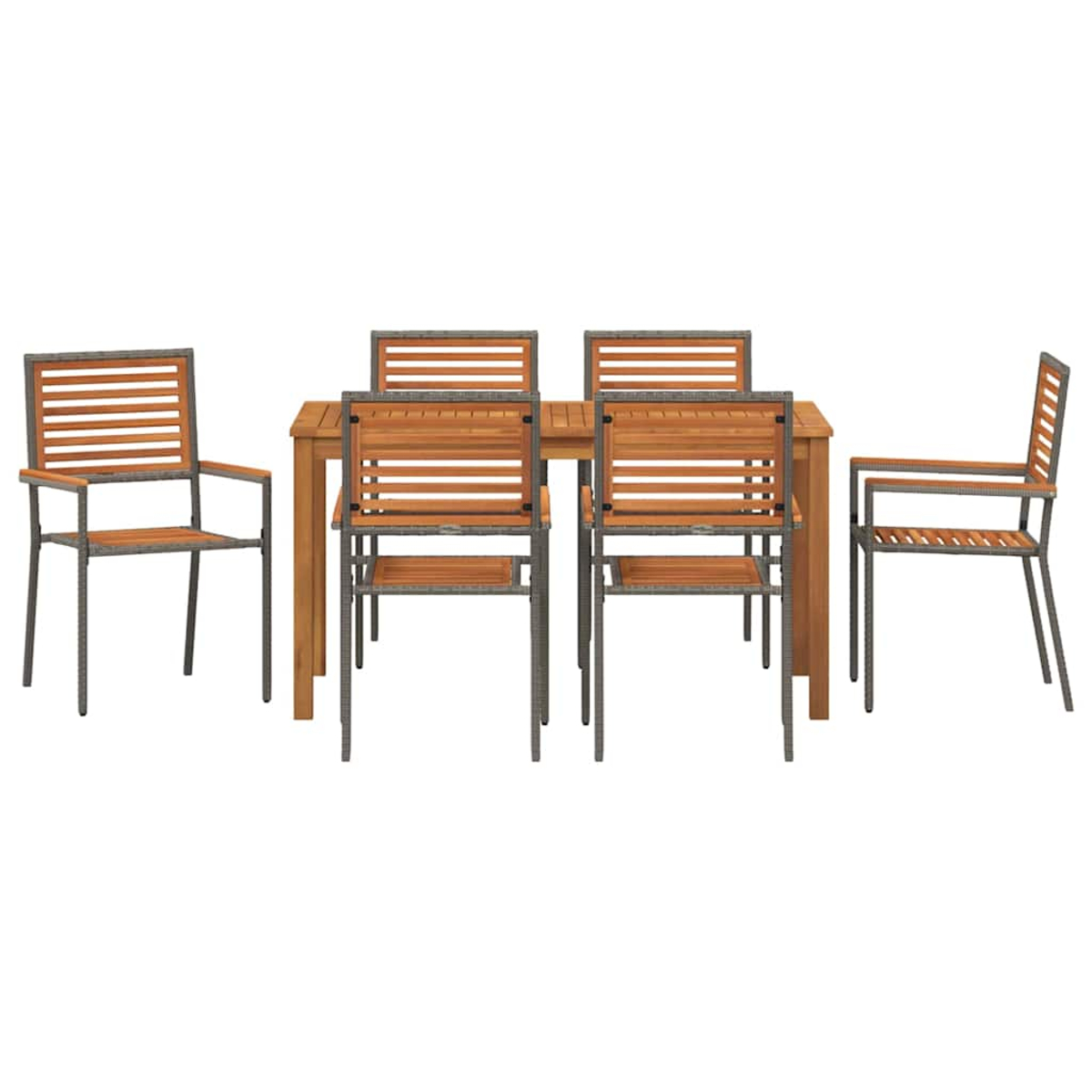 Una mesa de madera con seis sillas. Las sillas tienen listones de madera y marcos de metal. La mesa también tiene una tapa y patas de madera. Todo sobre blanco.