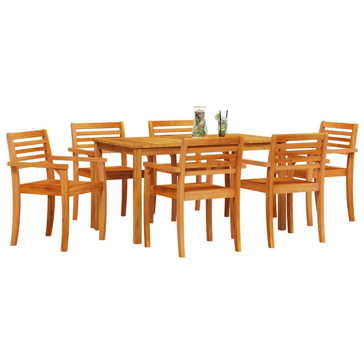 Holz-Terrassenset mit Tisch, sechs Stühlen und Getränken. Die Stühle haben Armlehnen. Auf dem Tisch stehen Getränke. Alles ist holzfarben.