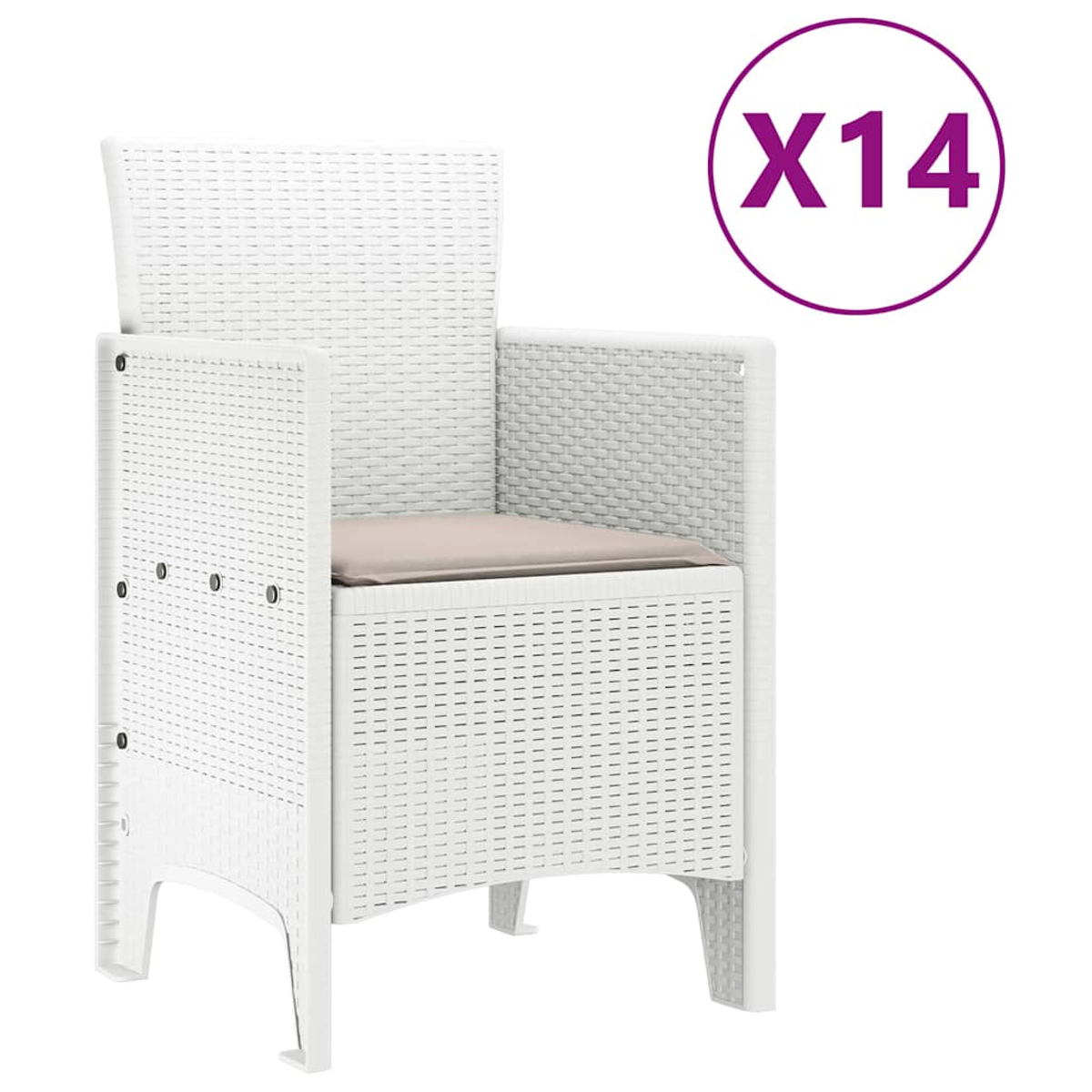 Weißer Korbstuhl mit beigem Kissen. Ein lila Kreis mit "X14" befindet sich oben rechts.