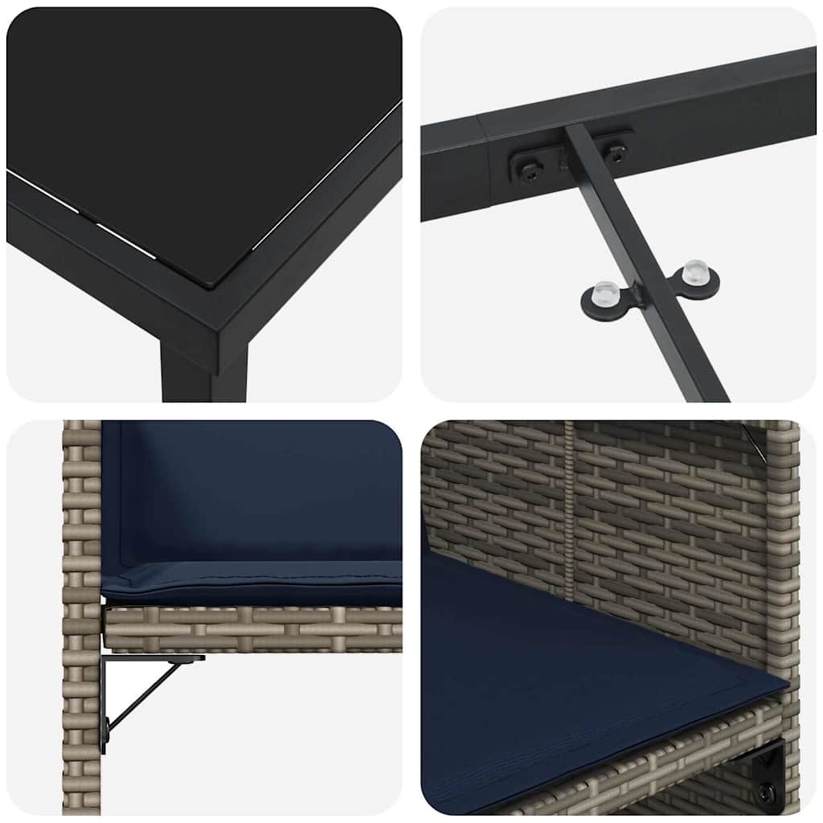 Primer plano de muebles de exterior: esquina de mesa negra, marco de metal, silla de mimbre con cojín azul y detalles de construcción.