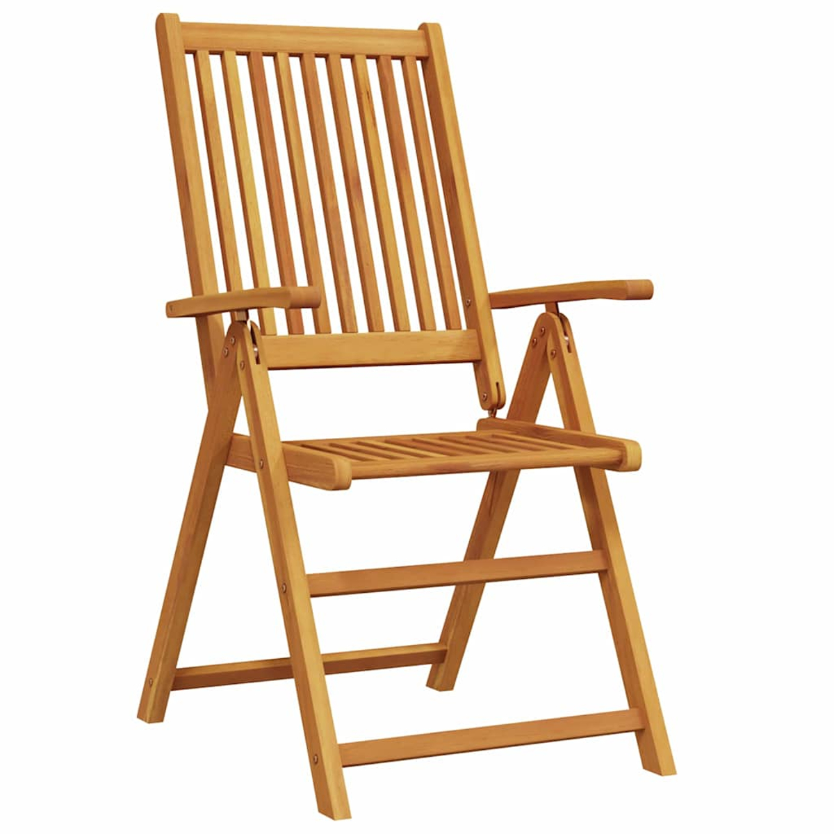 Klappstuhl aus Holz mit vertikalen Rückenleisten, Armlehnen und einer Sitzfläche mit Latten. Der Stuhl ist hellbraun.