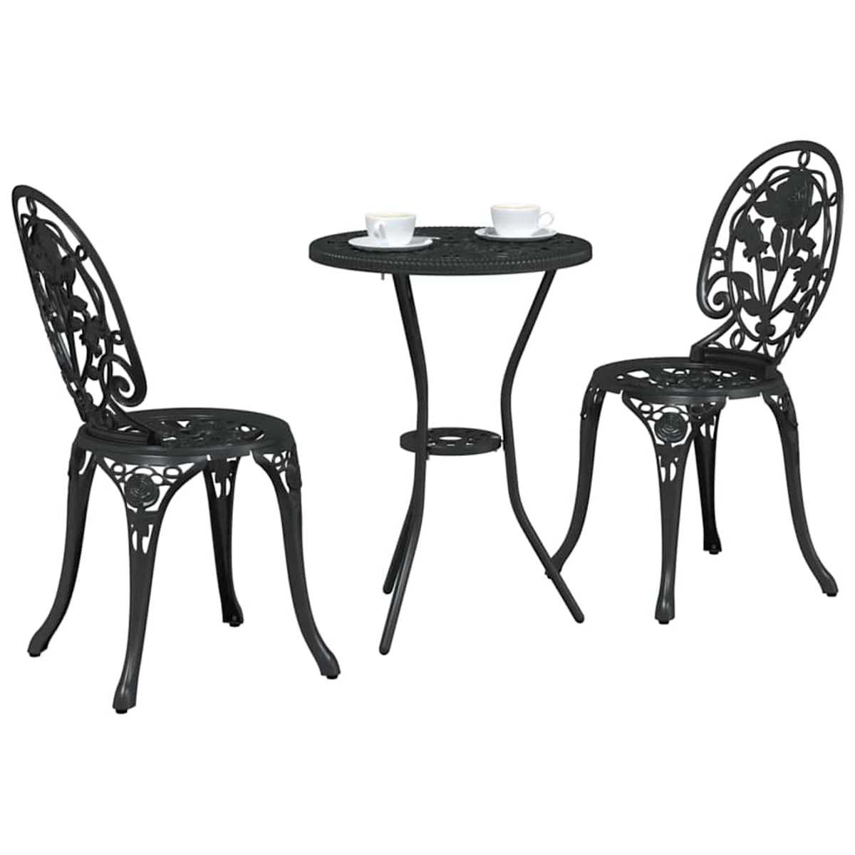 Schwarzes Schmiedeeisen-Terrassenset mit zwei Stühlen und einem kleinen runden Tisch. Auf dem Tisch stehen zwei Kaffeetassen.