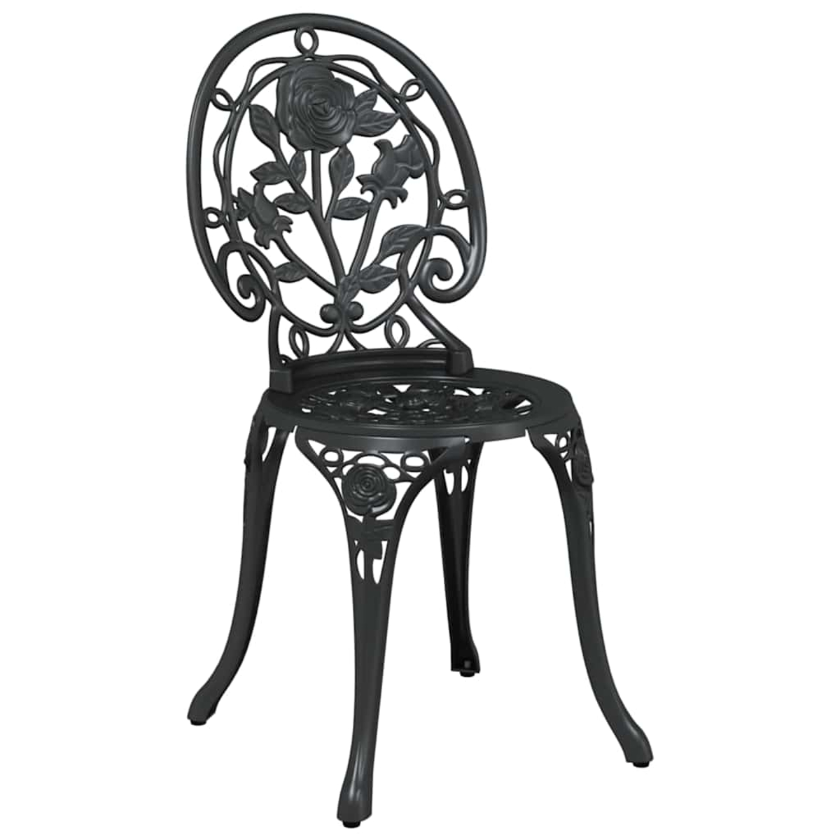 Ein schwarzer Metallstuhl mit floralem Design auf Rücken und Sitz. Der Stuhl hat geschwungene Beine und ein detailliertes Rosenmuster.