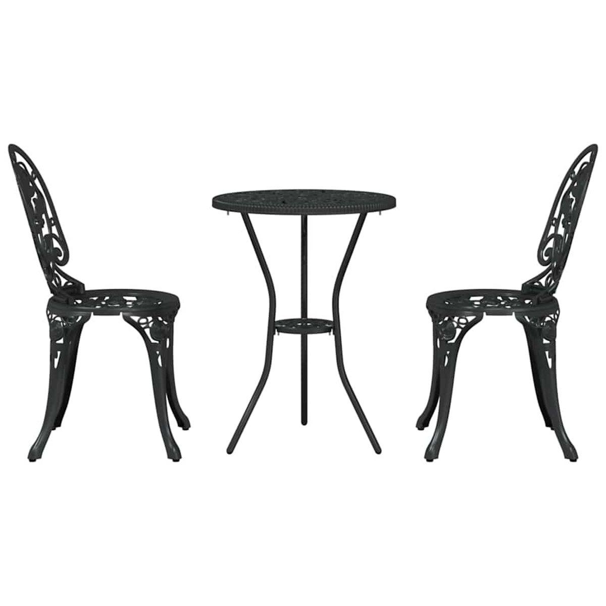 Ein schwarzes Metall-Terrassenset. Es hat zwei verzierte Stühle und einen kleinen runden Tisch. Alle Teile haben ein dekoratives Blumendesign.