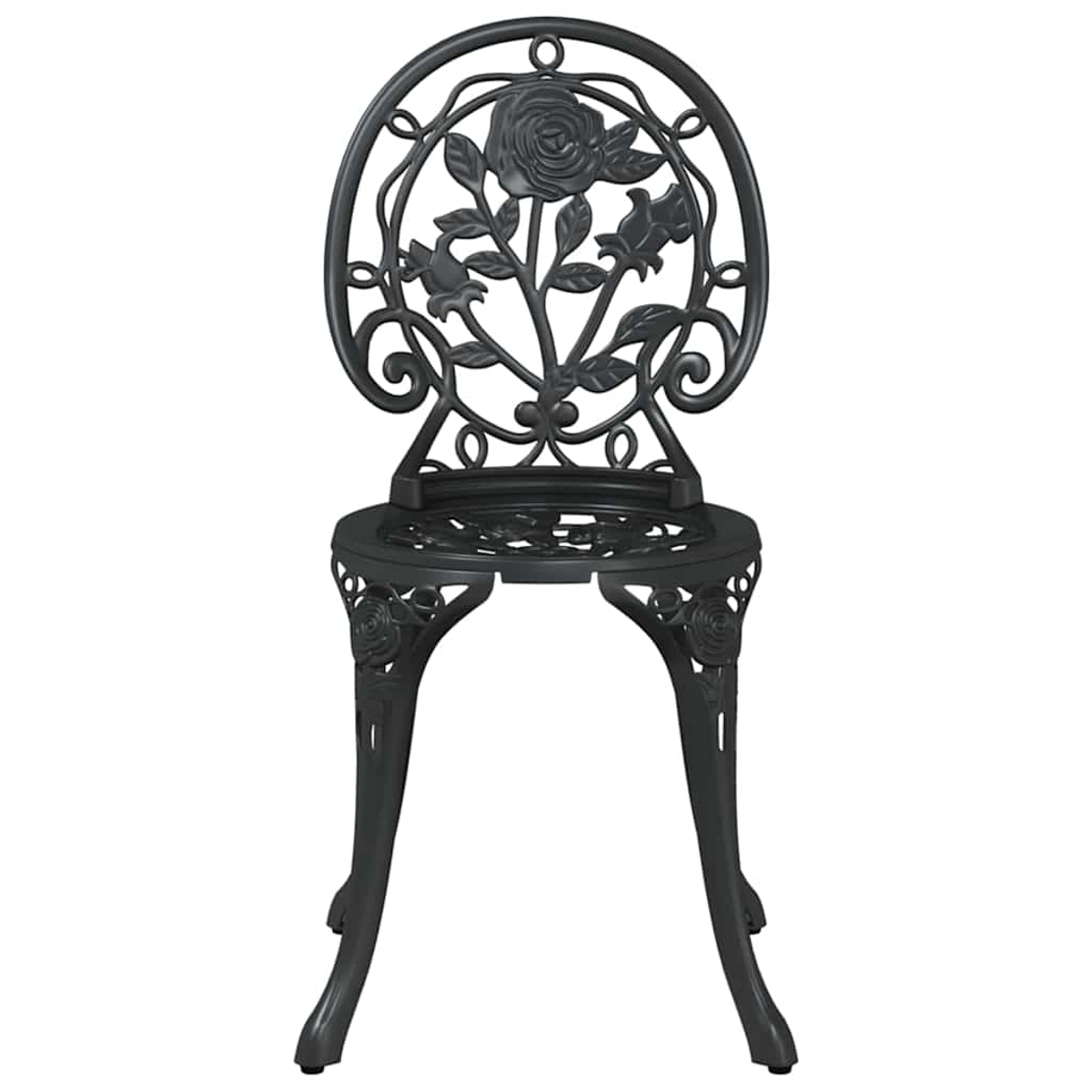 Ein schwarzer Metall-Gartenstuhl mit Rosendetails auf Rücken und Sitz. Der Stuhl hat gebogene Beine und eine runde Sitzfläche.