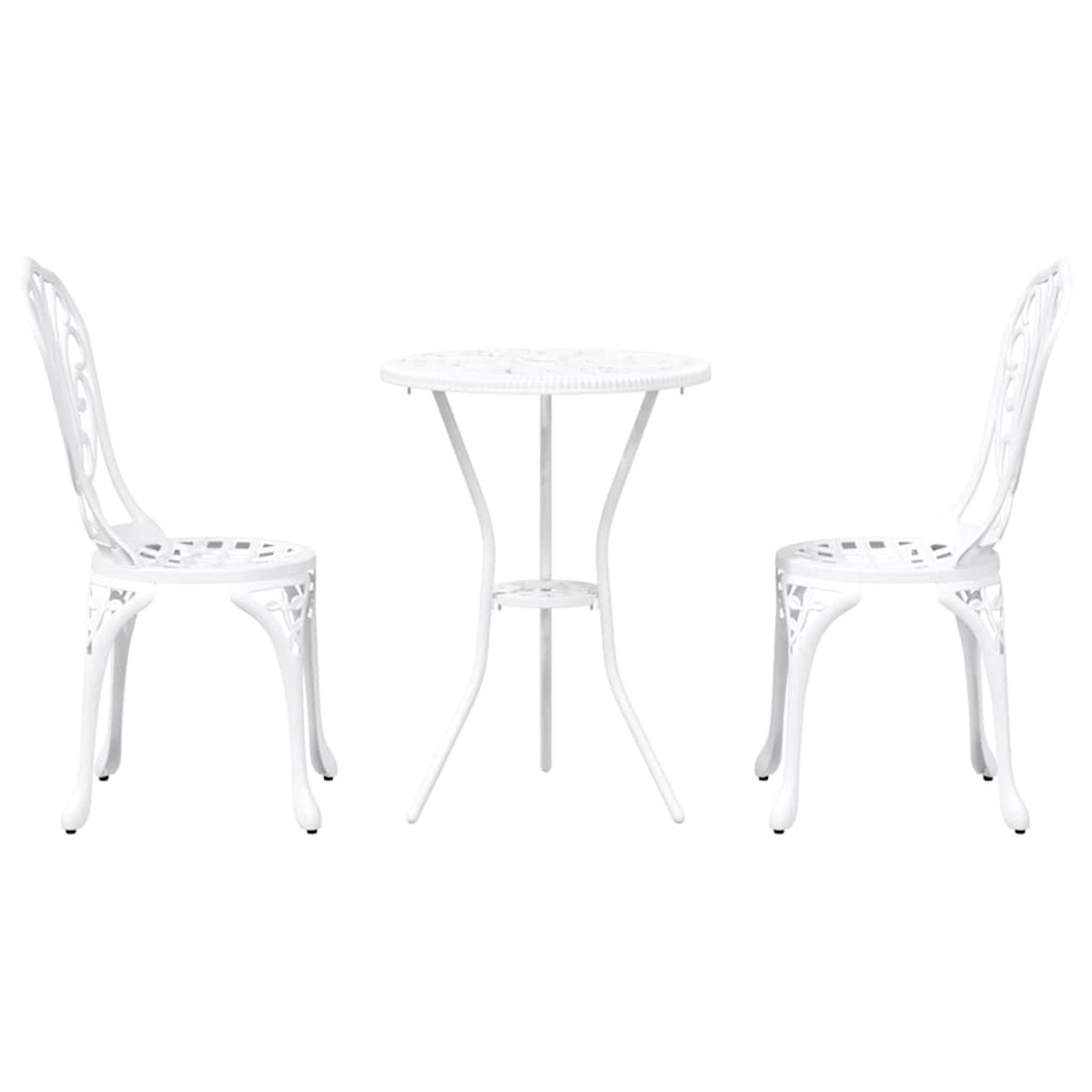 Juego de patio de metal blanco: una mesa redonda y dos sillas, todas con diseños ornamentados, sobre fondo blanco.