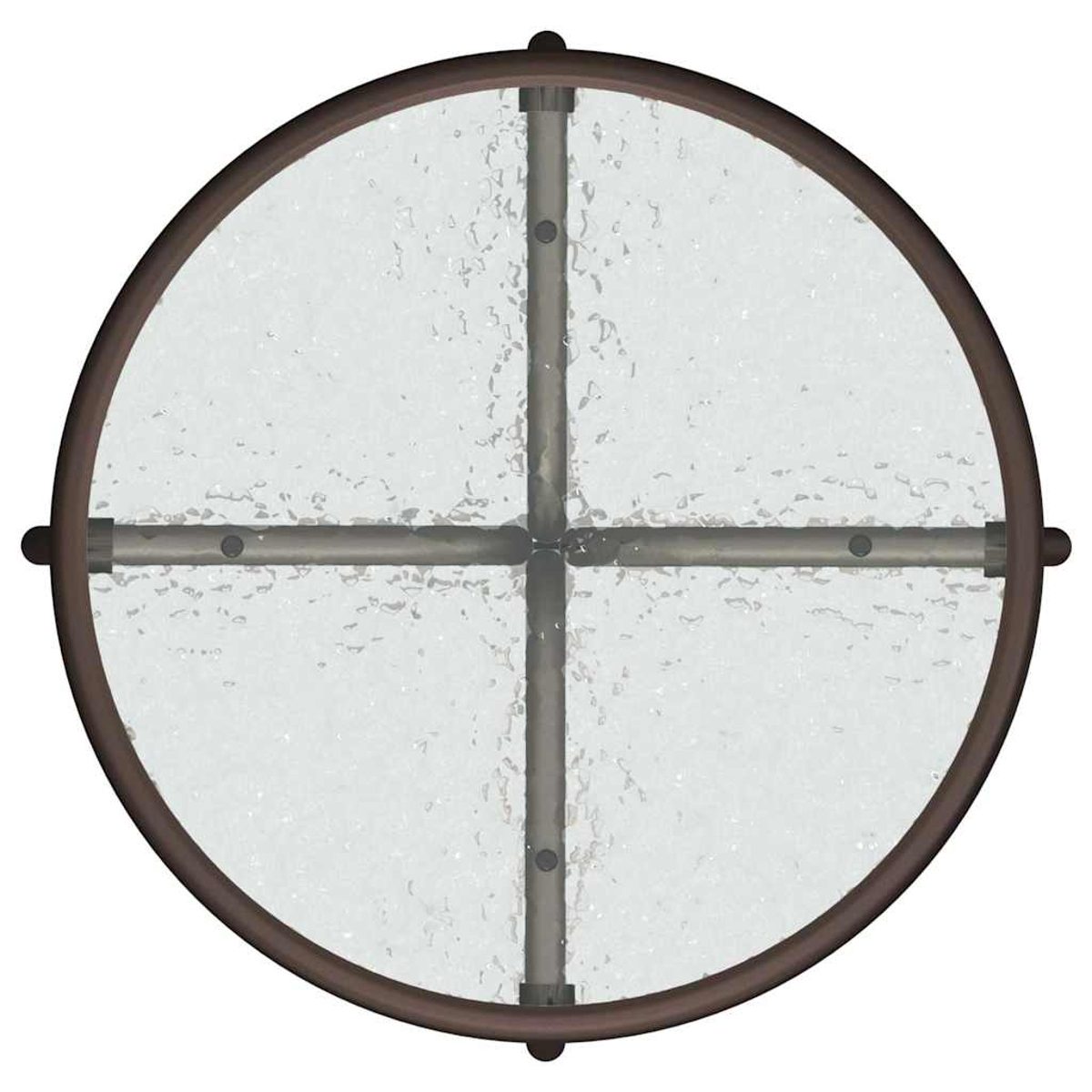 Draufsicht auf einen runden Glastisch. Er hat ein braunes Metallgestell und Stützen. Das Glas hat eine strukturierte Oberfläche und ein Kreuzdesign.
