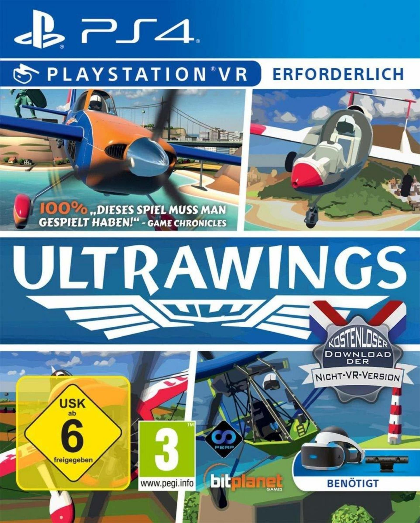 Artwork della confezione di Ultrawings per PS4. Presenta aerei, visore VR e dettagli del gioco. La copertina è in tedesco.