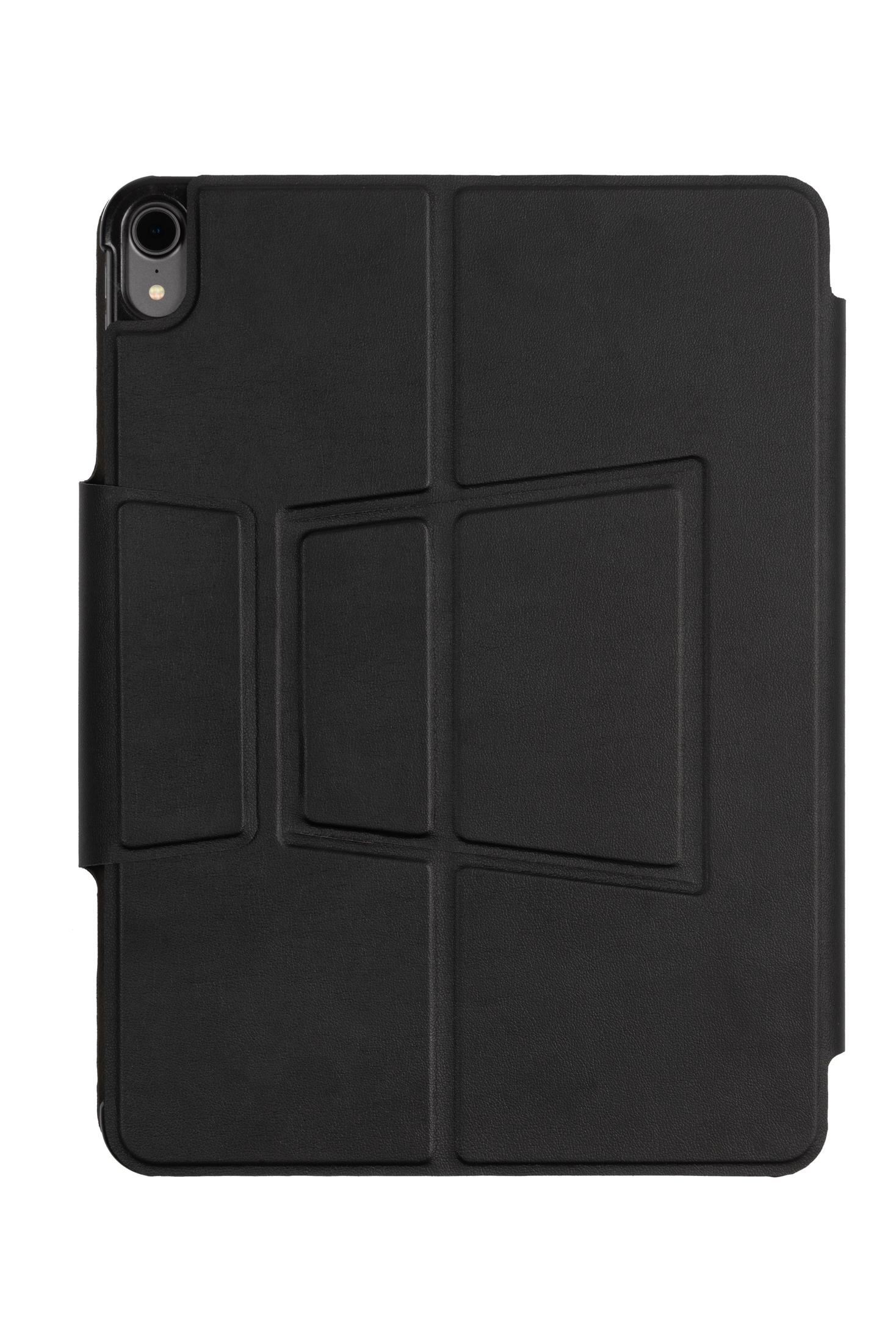 Eine schwarze Tablethülle mit Kamera und geometrischem Muster, mit strukturierter Oberfläche.