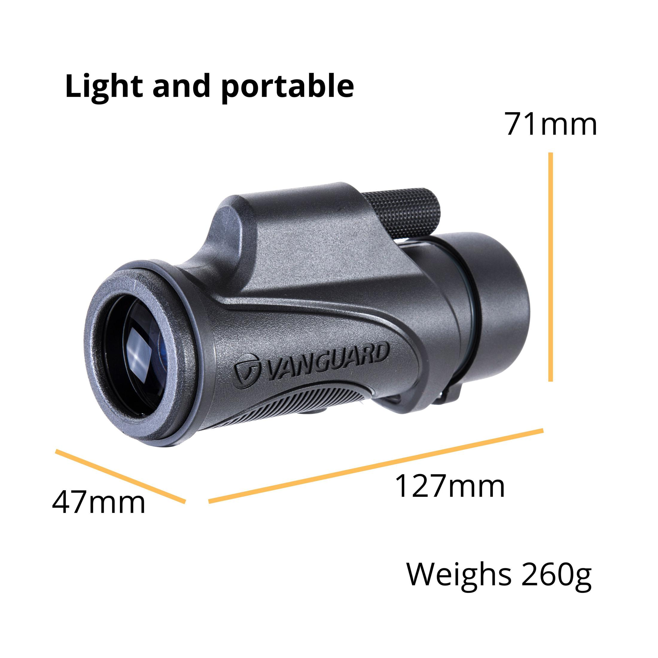 Monocular negro con dimensiones y peso. Mide 127 mm, 71 mm y 47 mm. Pesa 260 g. La marca es Vanguard.