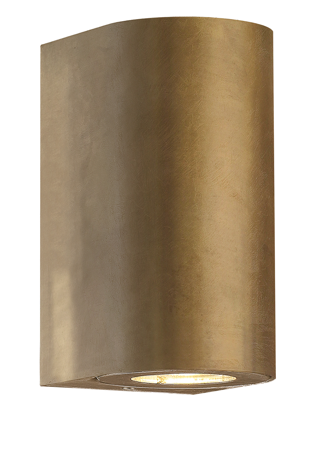 Eine bronzefarbene Wandleuchte mit rechteckiger Form und Lichtquelle am unteren Rand, freigestellt auf weißem Hintergrund.