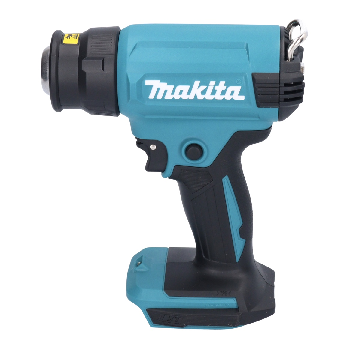 Eine türkis-schwarze Makita-Heißluftpistole auf weißem Hintergrund. Das Makita-Logo ist gut sichtbar.