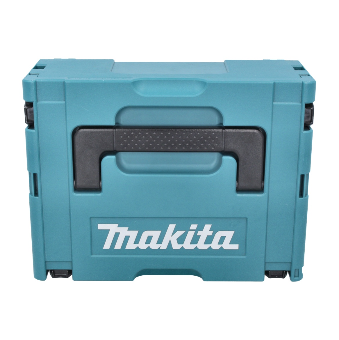 Eine teal Makita-Werkzeugkiste mit schwarzem Griff und dem Makita-Logo. Der Hintergrund ist weiß.