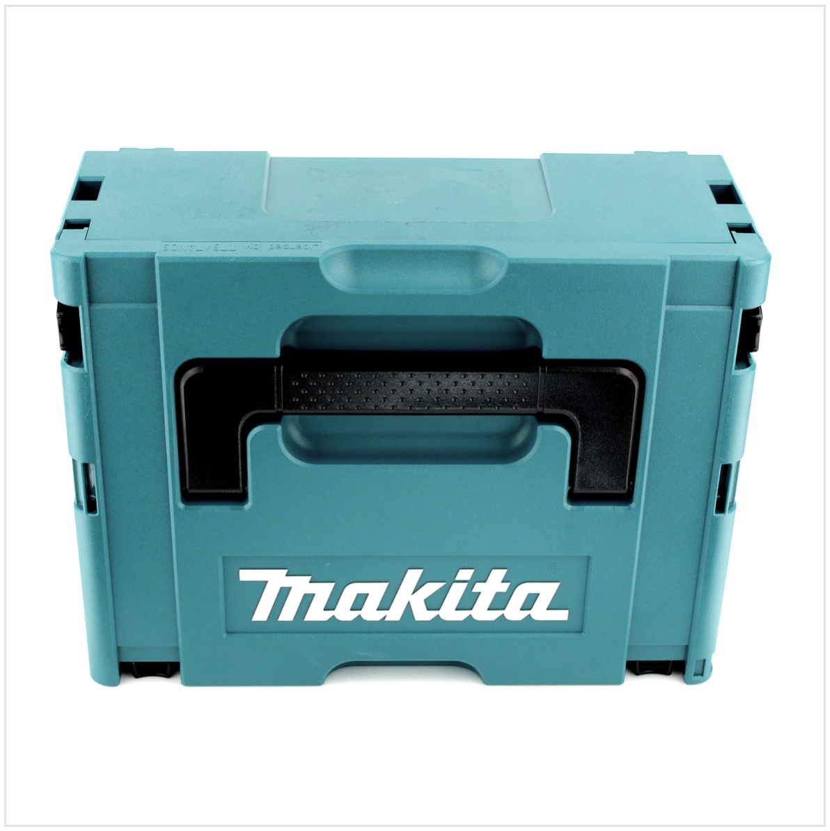 Eine türkisfarbene Makita-Werkzeugkiste mit schwarzem Griff und Logo auf weißem Hintergrund. Sie ist rechteckig.