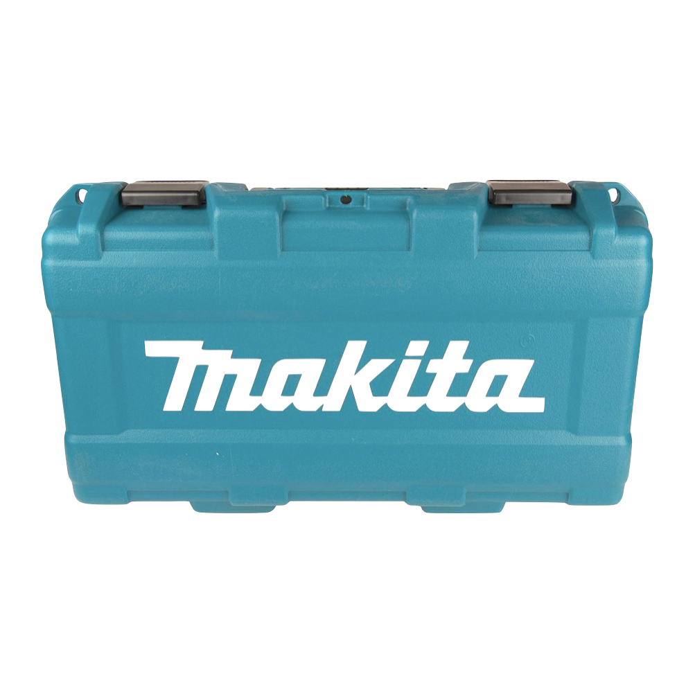 Ein türkisblauer Makita-Werkzeugkasten mit weißem Makita-Logo auf der Vorderseite. Er hat zwei schwarze Verschlüsse und einen Griff oben.