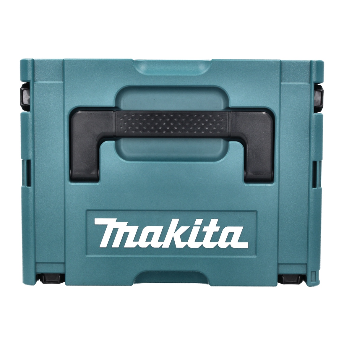 Eine türkisfarbene Makita-Werkzeugbox mit schwarzem Griff und Logo. Die Box ist geschlossen und hat einen strukturierten Griff. Weißer Hintergrund.
