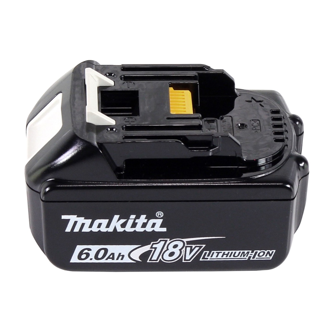 Ein schwarzer Makita 18V Lithium-Ionen-Akku. Mit weißen und gelben Akzenten. Es hat Text, der 6.0Ah sagt.
